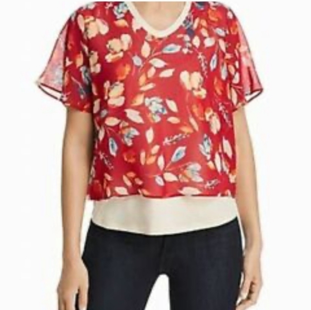 Donna Karan Layered  Open Back Red Floral Print Top Size Large